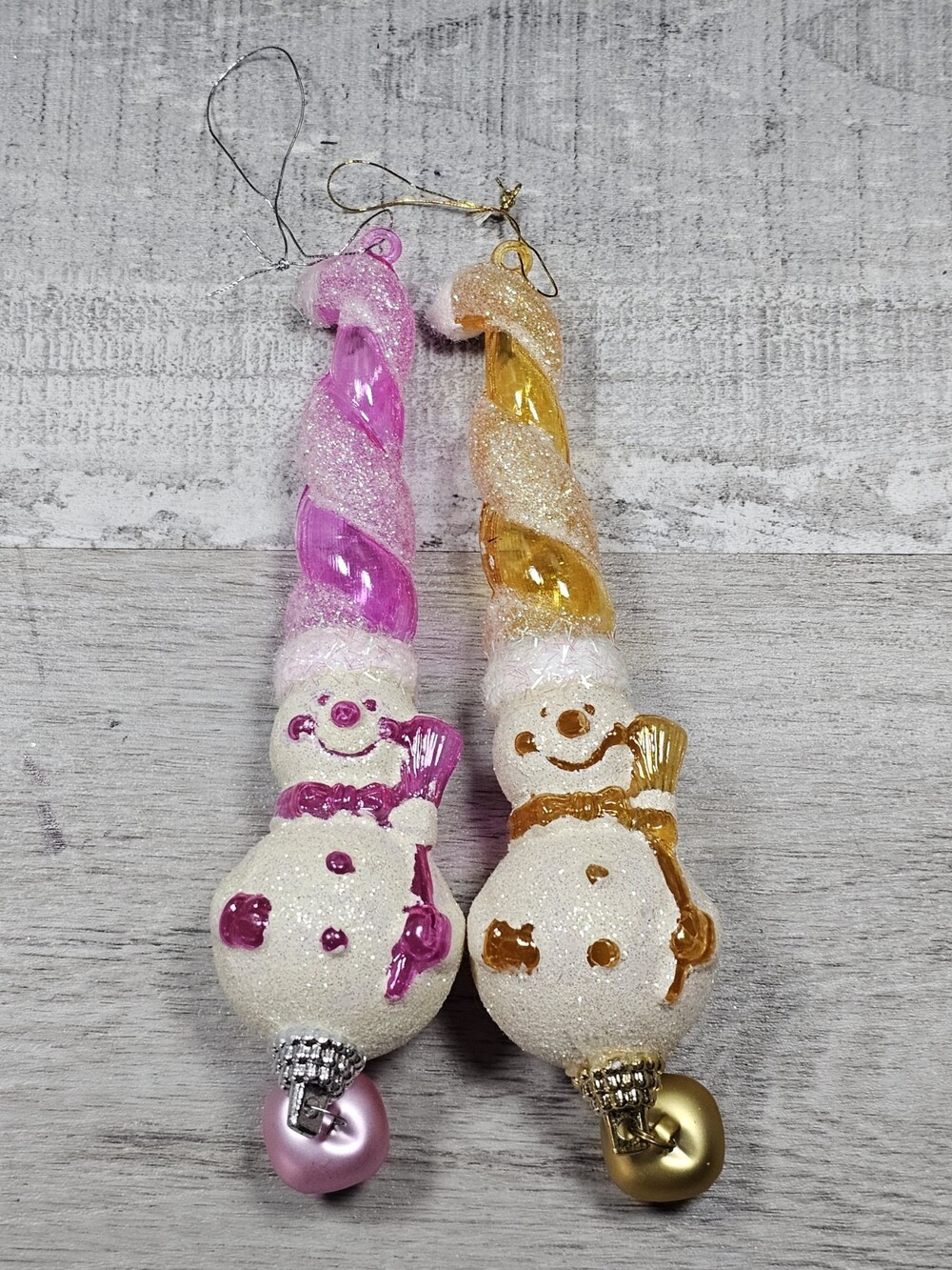 Lot of 2 SNOWMAN Tall Hat Vintage Glass Look GLITTER Christmas Ornaments G9.3.5
